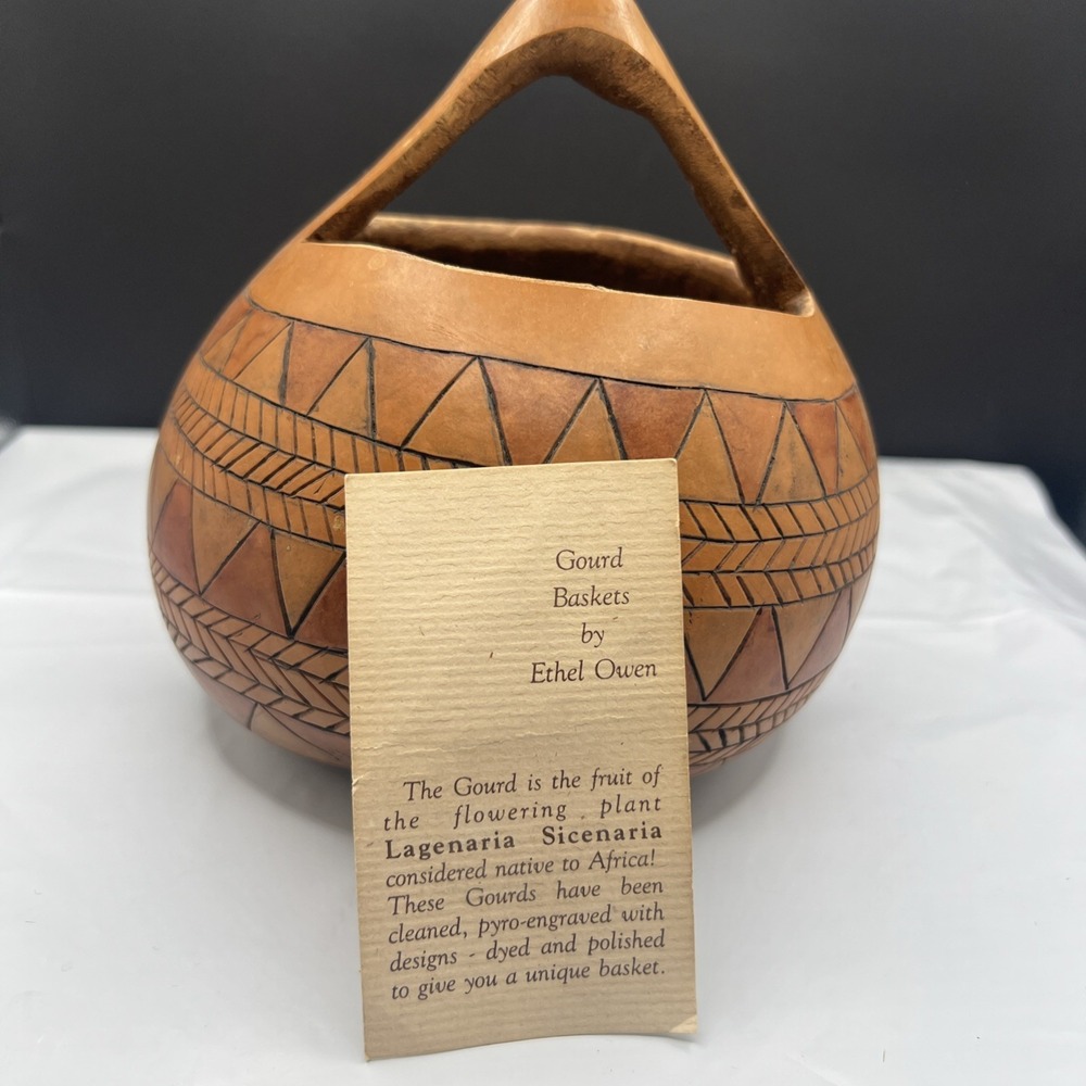 Ethel Owen Signed‎ Handcrafted Gourd Basket Pyro Engraved Geometric Folk Art Vtg